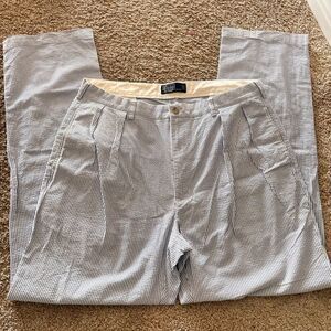 Polo Ralph Lauren Pants Mens 38 X 34 Blue Seersucker Striped Pleated Cuffed